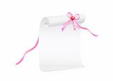 Scroll of white paper with a pink ribbon and red heart