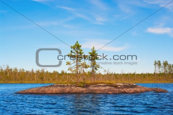 Island in the form of a smooth rock with several pines