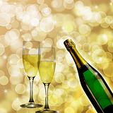 Champagne Bottle and Two Glasses Bokeh Background