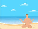 Yoga the man sits on a beach and meditates