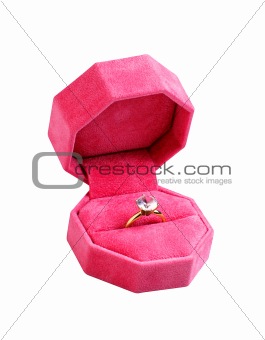 Gold engagement ring in box isolated on white background