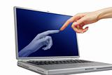 woman hand touching laptop monitor over white background