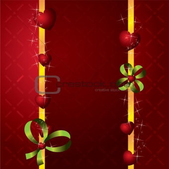 red hearts Valentines Day Background with stars and green bow