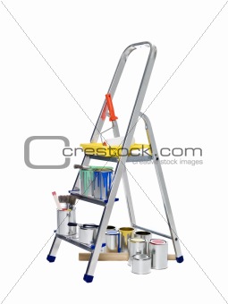 Stepladder with paint cans and brushes