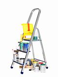 Stepladder with paint cans and brushes