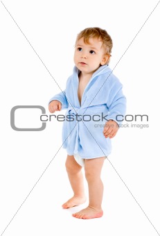 Baby in blue bathrobe