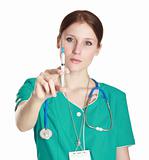 Blurred image of nurse holding syringe in hand on white backgrou