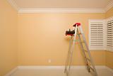 Empty Room with Plantation Shutters, Ladder, Paint Tray and Rollers.