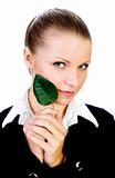 beautiful girl with a small, green leaf. isolated