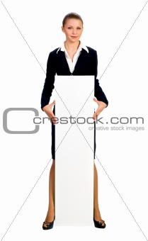 Businesswoman giving big card. Isolated on white