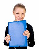 smiling businesswoman with folder. isolated