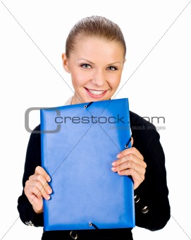 smiling businesswoman with folder. isolated
