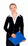 businesswoman with blue folder. isolated
