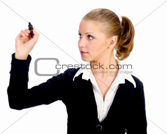 businesswoman with pen  on the screen. Isolated