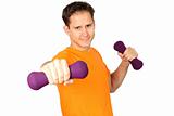 Young handsome man doing aerobic boxing with dumbbells