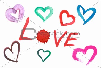 Collection of watercolor heart and text "love"