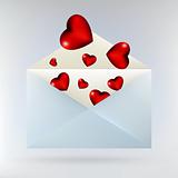 Envelope with glassy red hearts. EPS 8