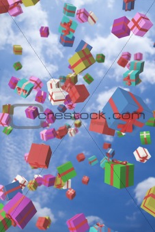 Lots of colorful gift boxes flying in the air