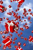 Lots of red gift boxes flying in the air