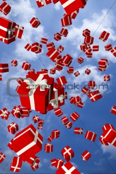Lots of red gift boxes flying in the air