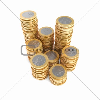 Piles of one Euro coins