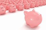 Piggy bank facing hundreds of other piggy banks