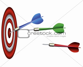 Multi-colored darts of a darts with a target