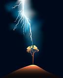 Lightning stroke in a lonely tree against