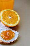 orange, juice and toast with orange marmalade