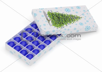 Box with blue ornamental  balls