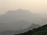 Mountain morning panorama with haze