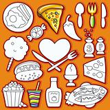 Vector doodle cute set of food icons.