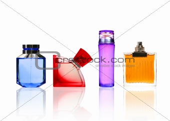 Perfume color glass bottles isolated on white.