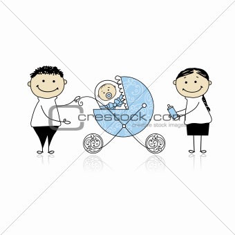Parents with baby in buggy walking
