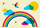 Colorful humming birds and rainbow