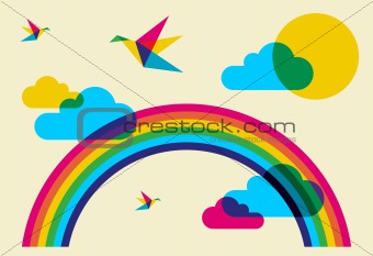 Colorful humming birds and rainbow