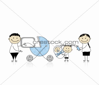 Parents walking with children, baby in buggy