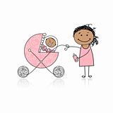 Mother with baby in buggy walking