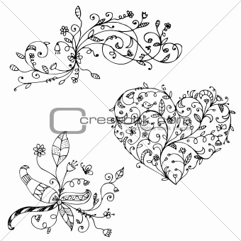 Floral ornament sketch, silhouette for your design