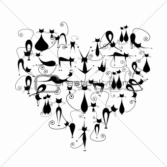 I love cats! Black cats silhouette in heart shape for your design