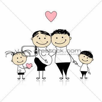 Happy parents with children waiting for newbaby, pregnancy