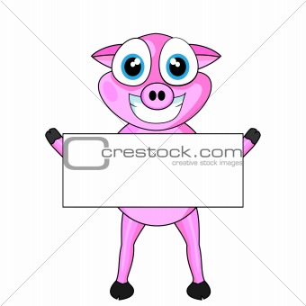 Cute Pink Happy Pig Holding A Blank Sign