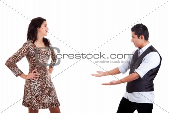 Latin man to extend his arms to embrace his beloved, isolated on white, studio shot