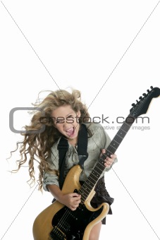 little blond girl playing electric guitar hardcore wind hair