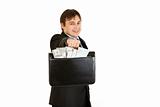 Smiling young businessman giving briefcase with money
