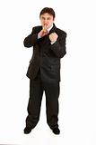 Angry  businessman with finger at mouth and threaten with fist
