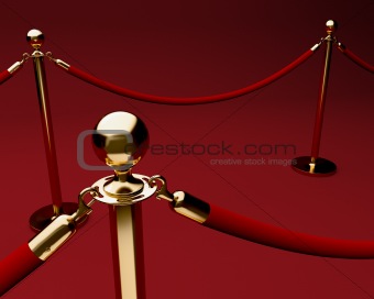 Red carpet with velvet rope and stanchions.