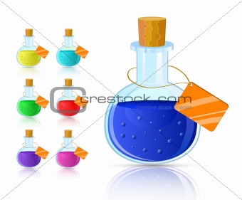 colorful flask icon set with cork and tag