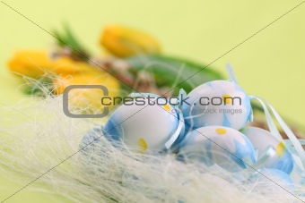 Blue Easter eggs and yellow tulips