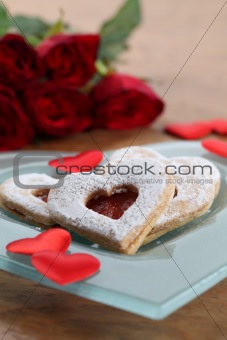 Shortbread hearts, confetti and roses